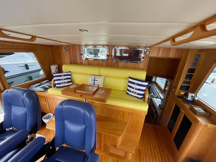 Sherlock Holmes Yacht Photos Pics Luxurious interior of 2016 Kadey-Krogen 44E yacht with blue chairs and nautical decor.