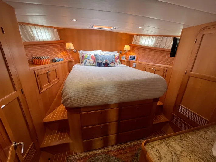 Sherlock Holmes Yacht Photos Pics Luxurious 2016 Kadey-Krogen 44E yacht bedroom with cozy bed and elegant wood finish.