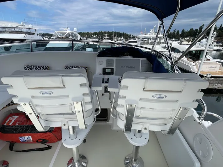 Sherlock Holmes Yacht Photos Pics Flybridge of 2016 Kadey-Krogen 44E yacht with dual helm seats and Garmin navigation.
