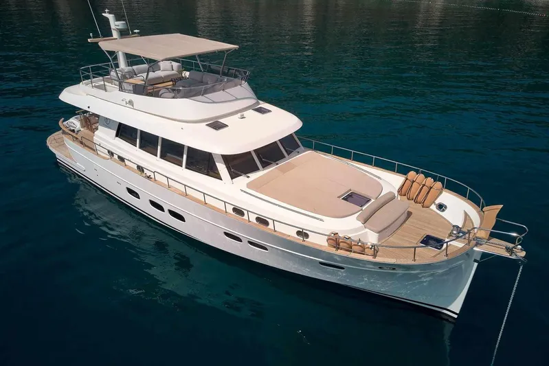  Yacht Photos Pics 2026 Sasga Yachts Menorquin 68 luxury yacht on calm blue water.