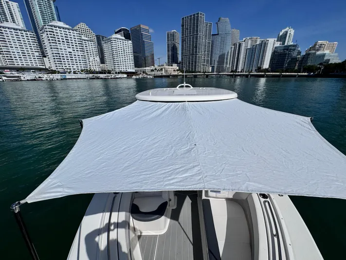  Yacht Photos Pics 2021 Robalo R317 Dual Console boat with canopy, city skyline in background.