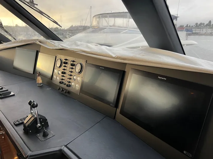 Todo Bien Yacht Photos Pics Control panel of a 2000 Viking 58 Enclosed Bridge yacht with multiple screens and controls.