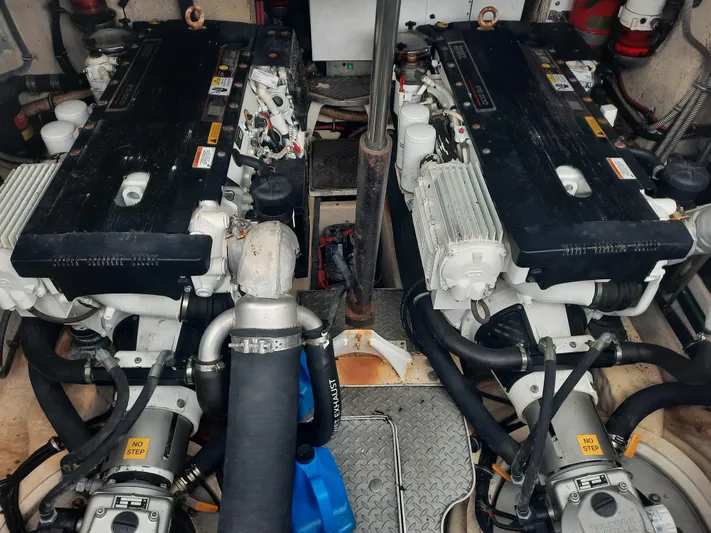 Paradox Yacht Photos Pics 2008 Formula 40 PC engine room with dual engines and mechanical components.