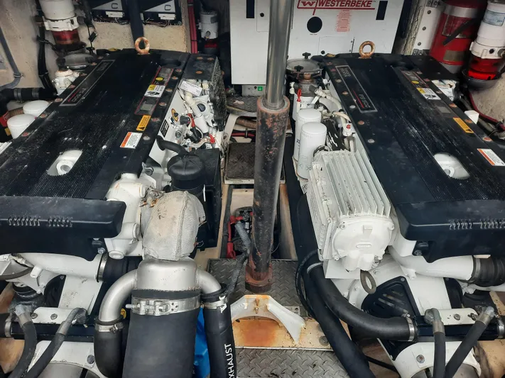 Paradox Yacht Photos Pics 2008 Formula 40 PC engine room with twin engines and Westerbeke generator.