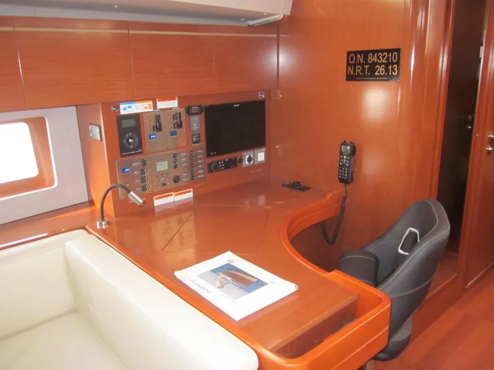 Cameli Yacht Photos Pics Navigation station in 2020 Beneteau Oceanis 55 yacht with control panel and seating.
