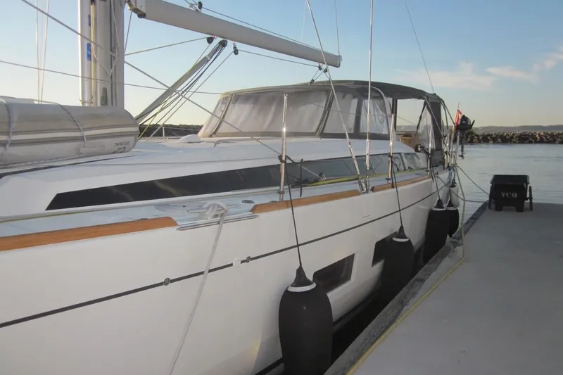 Cameli Yacht Photos Pics 2020 Beneteau Oceanis 55 yacht docked at marina, side view.