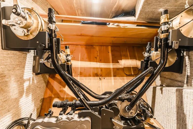 Leslie Ann Yacht Photos Pics Engine room of 1988 Buddy Davis 47 Convertible yacht with mechanical components.