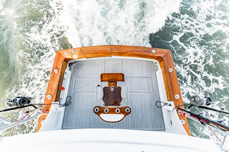 Leslie Ann Yacht Photos Pics Aerial view of 1988 Buddy Davis 47 Convertible yacht deck with fishing gear.