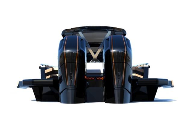 2026 Focus FORZA 37 OB/FB boat, rear view, sleek design, dual engines, modern aesthetics.
