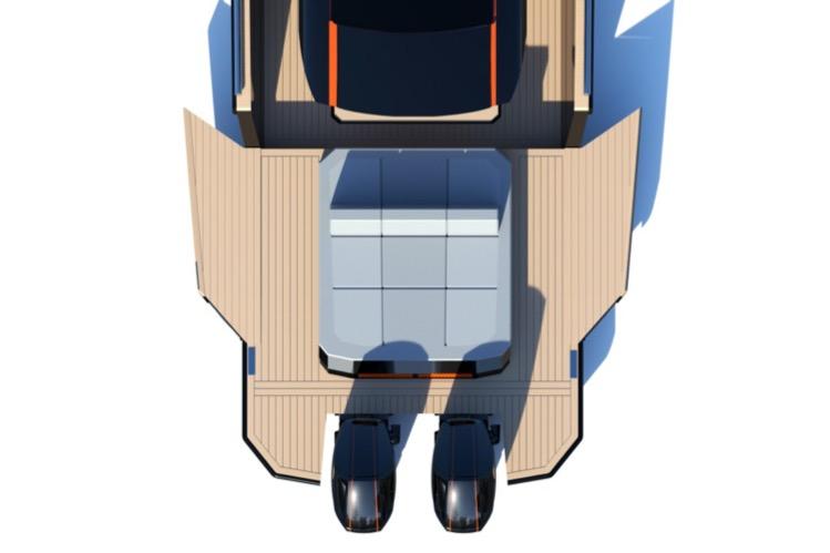 Top view of 2026 Focus FORZA 37 OB/FB boat with dual outboard motors.