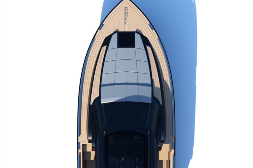 Top view of 2026 Focus FORZA 37 OB/FB luxury yacht with sleek design.