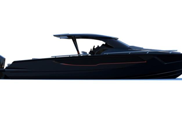 2026 Focus FORZA 37 OB/FB luxury boat, sleek black design, side view.