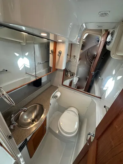 Sassy Cat Yacht Photos Pics 2009 Glacier Bay 3080 boat bathroom with sink, toilet, and mirror.