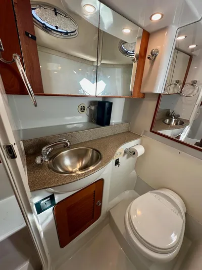 Sassy Cat Yacht Photos Pics 2009 Glacier Bay 3080 boat bathroom with sink, mirror, and toilet.