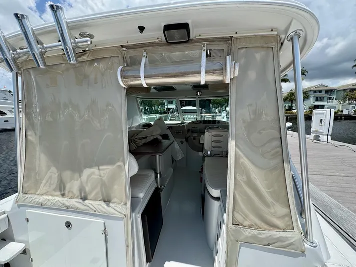 Sassy Cat Yacht Photos Pics Rear view salon entry point, shade cloths on
