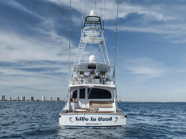 Life Is Good Yacht Photos Pics Viking 70 Convertible yacht, 2015 model, on open water with city skyline.