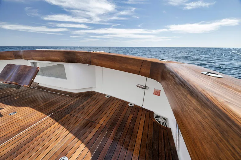 Life Is Good Yacht Photos Pics Viking 70 Convertible 2015 yacht deck with ocean view and wooden finish.