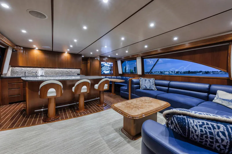 Life Is Good Yacht Photos Pics Luxurious interior of 2015 Viking 70 Convertible yacht with elegant seating and modern design.