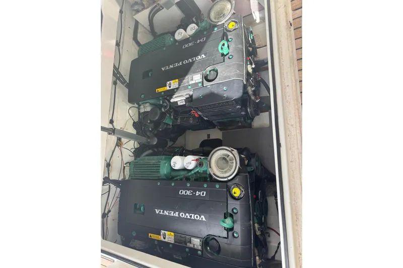 Lololand Yacht Photos Pics Engine compartment of 2018 Jeanneau Leader 36 with dual Volvo Penta D4-300 engines.