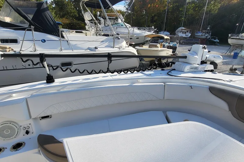  Yacht Photos Pics 2018 Edgewater 370CC boat interior with seating and fishing equipment.