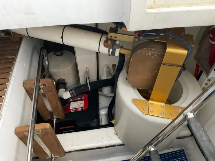  Yacht Photos Pics Engine compartment of 2007 Ocean Alexander 54V yacht, showcasing mechanical components.