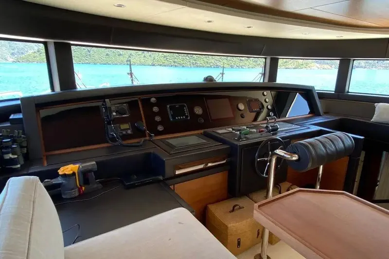  Yacht Photos Pics Helm of 2011 Benetti Delfino 93 yacht with panoramic windows and modern controls.