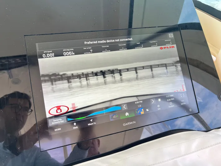  Yacht Photos Pics Garmin display on 2020 Scout 420 LXF boat showing navigation data.