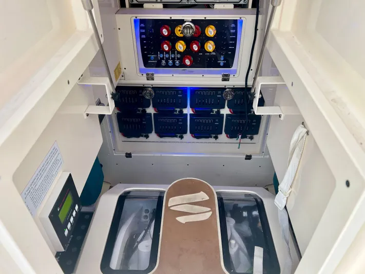  Yacht Photos Pics Control panel inside 2020 Scout 420 LXF boat, featuring advanced navigation and system controls.