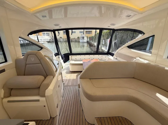  Yacht Photos Pics Interior of 2013 Fairline Targa 38 Open yacht with beige seating and large windows.
