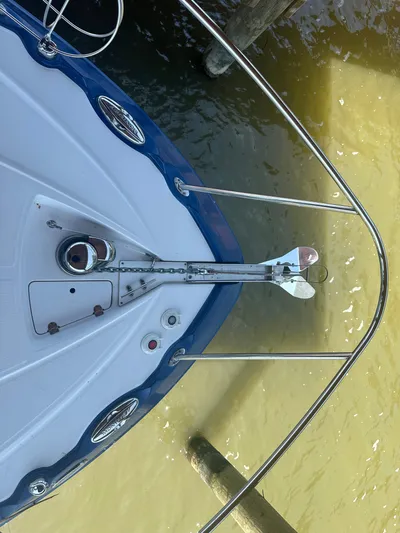 Always Flo&rsquo;n Yacht Photos Pics Bow of 2019 Monterey 295 Sport Yacht with anchor and railing.