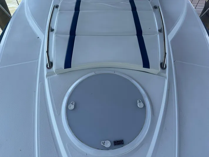 Always Flo&rsquo;n Yacht Photos Pics 2019 Monterey 295 Sport Yacht bow with white and blue cushioned seating.