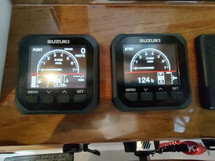 Singularity Yacht Photos Pics Digital boat gauges on a 2022 True North 34, displaying engine RPM and hours.