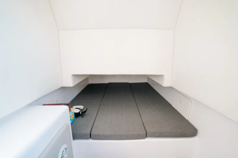  Yacht Photos Pics 2023 Front Runner 39 Center Console cabin interior with gray cushions.