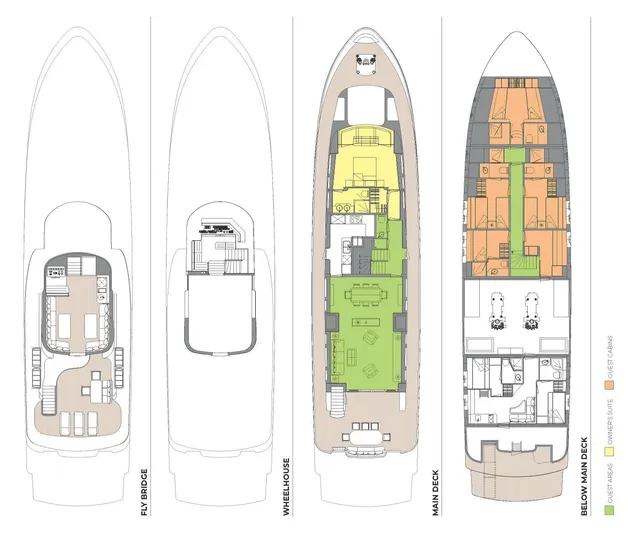 Archipelago Yacht Photos Pics Floor plans of a 2005 Moonen Displacement Yacht, showcasing fly bridge, wheelhouse, main, and below decks.