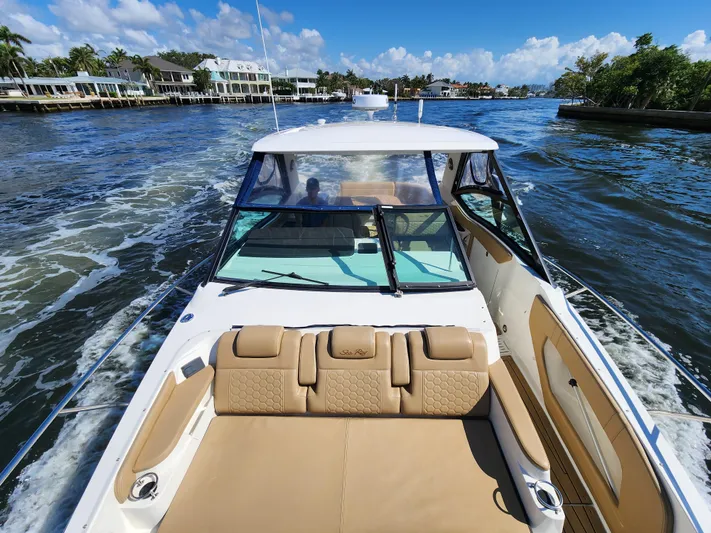 Yacht Photos Pics Sea Ray 320 Sundancer 2021 cruising on a sunny day in a scenic waterway.
