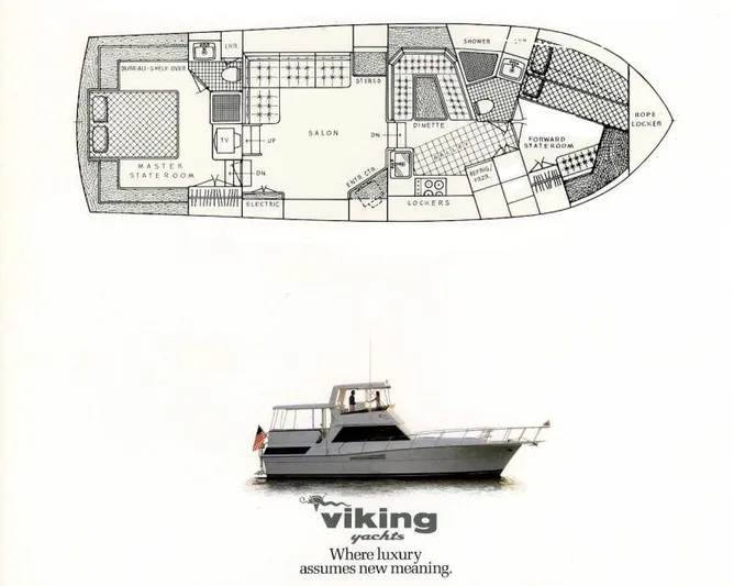 Cynful One Yacht Photos Pics Floor plan and side view of 1982 Viking 44 Motor Yacht, showcasing luxury design.