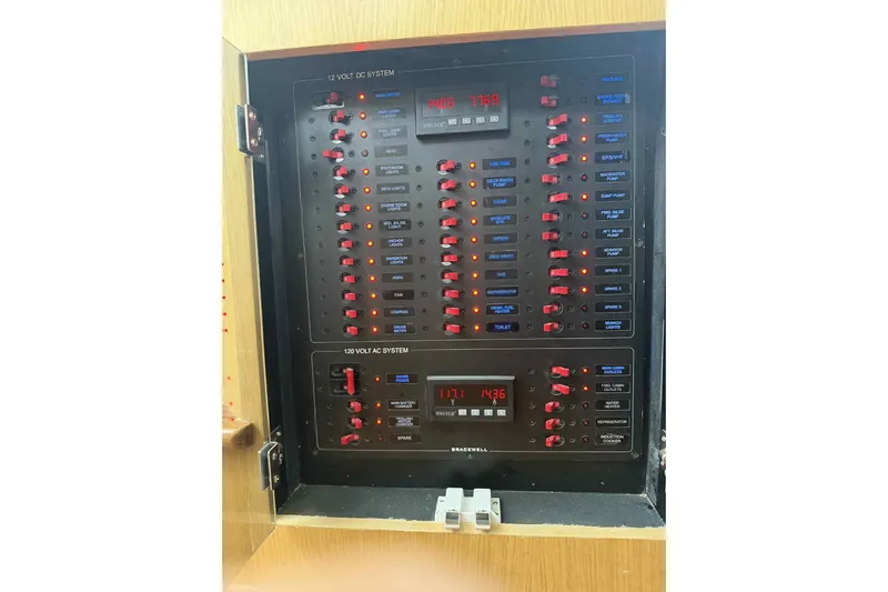  Yacht Photos Pics Electrical panel of Bracewell Commander 36SF, 2025 model, showing 12V DC and 120V AC systems.