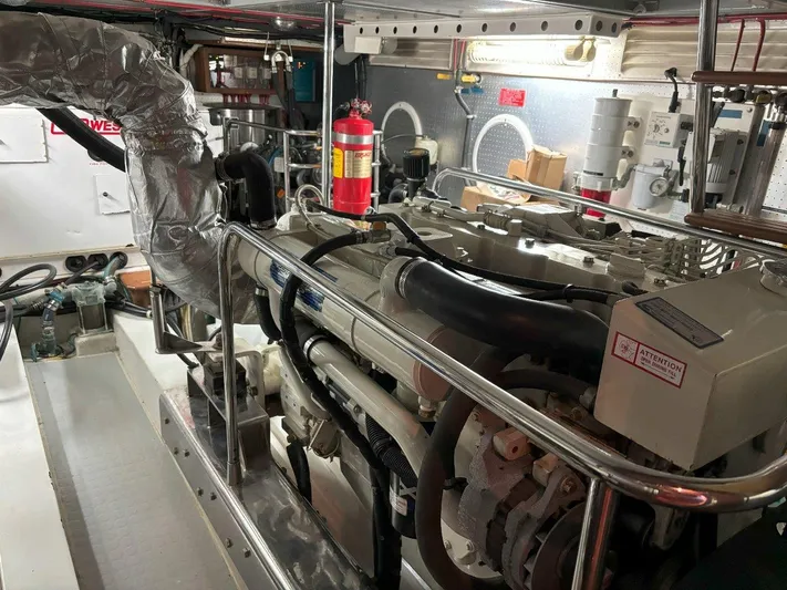  Yacht Photos Pics Engine room of a 2003 Selene 53 yacht, featuring machinery and equipment.