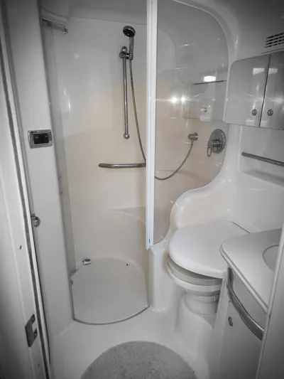  Yacht Photos Pics Bathroom interior of 2001 Sea Ray 410 Express Cruiser, featuring shower and toilet.