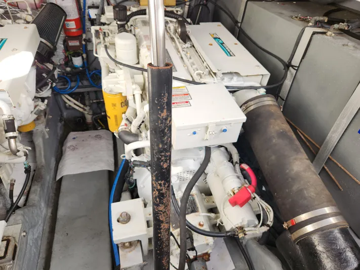  Yacht Photos Pics Engine compartment of a 2001 Sea Ray 410 Express Cruiser, showcasing mechanical components.