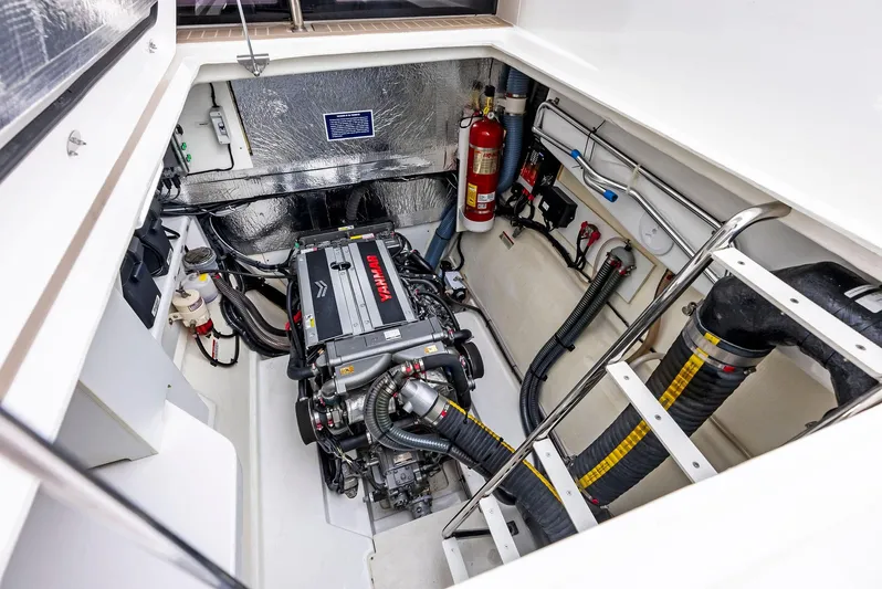 53 Powercat Yacht Photos Pics Engine room of 2021 Leopard 53 Powercat with Yanmar engine and safety equipment.