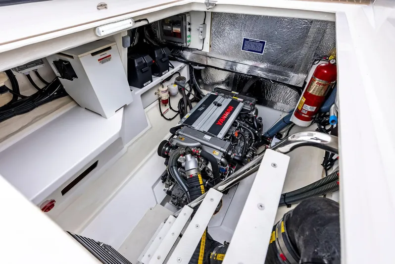 53 Powercat Yacht Photos Pics Engine room of 2021 Leopard 53 Powercat with Yanmar engine and safety equipment.