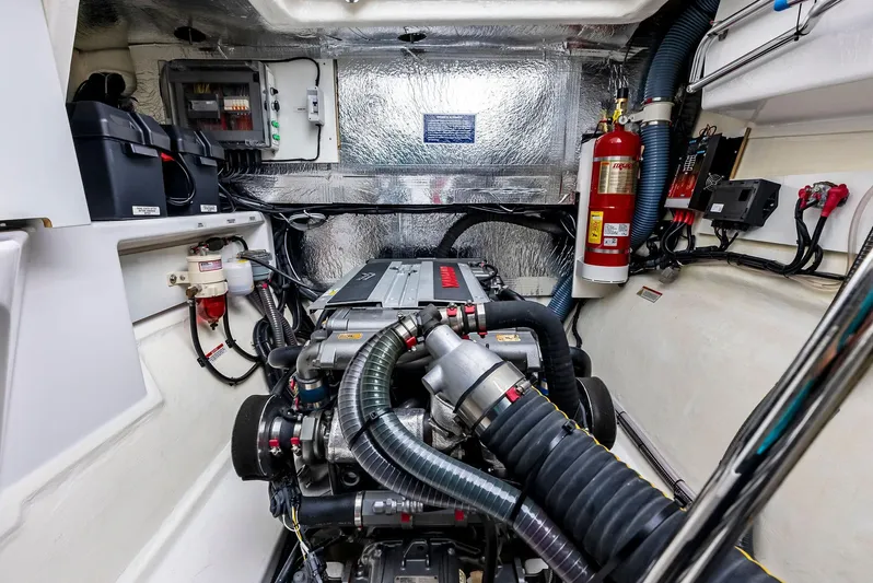 53 Powercat Yacht Photos Pics Engine room of 2021 Leopard 53 Powercat with visible machinery and equipment.