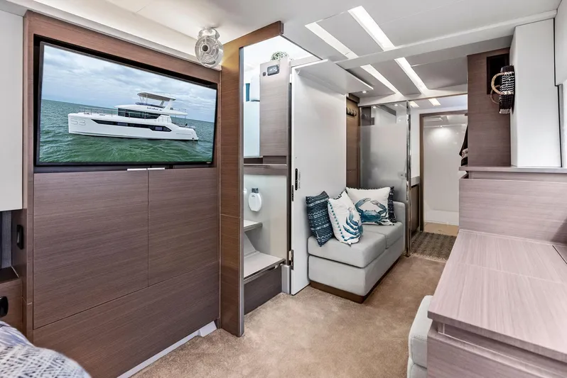53 Powercat Yacht Photos Pics Interior of 2021 Leopard 53 Powercat yacht, featuring modern design and comfortable seating.