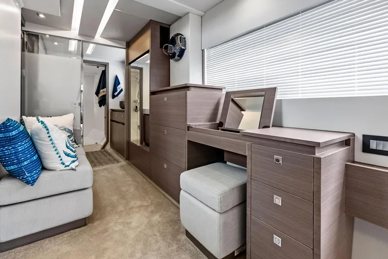 53 Powercat Yacht Photos Pics Luxurious interior of 2021 Leopard 53 Powercat with modern furnishings and elegant design.