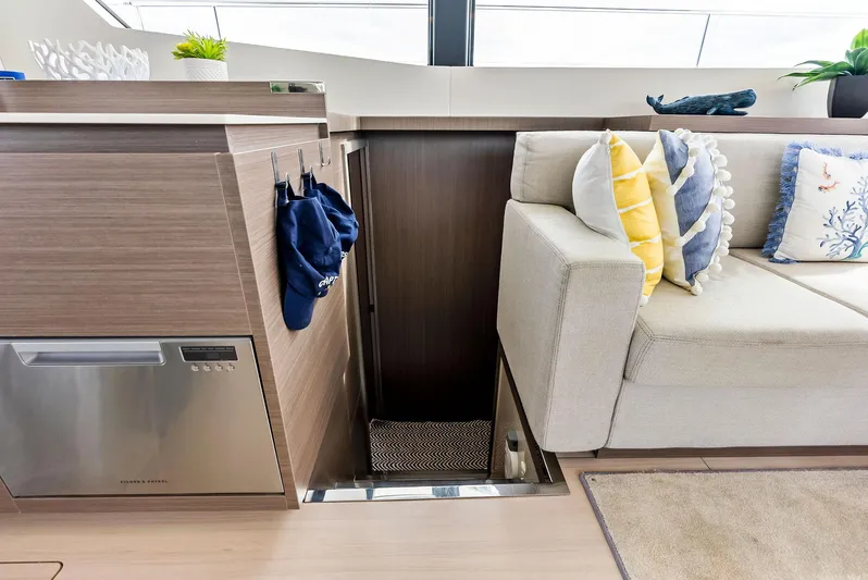 53 Powercat Yacht Photos Pics Interior of 2021 Leopard 53 Powercat with modern kitchen and cozy seating area.