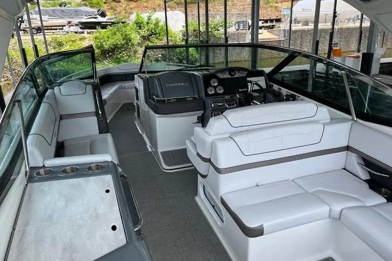  Yacht Photos Pics 2020 Formula 350 Crossover Bowrider interior with luxurious seating and modern dashboard.