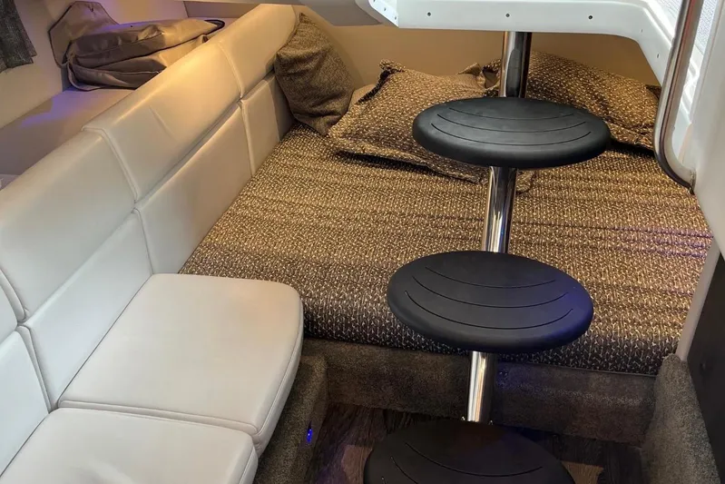  Yacht Photos Pics 2020 Formula 350 Crossover Bowrider cabin with cozy bed and modern interior design.