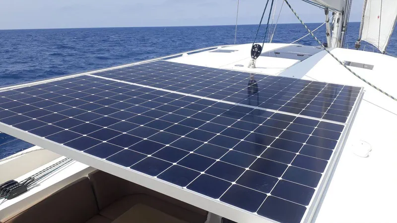  Yacht Photos Pics Solar panels on a 2016 Moody 54 DS yacht sailing in open ocean.