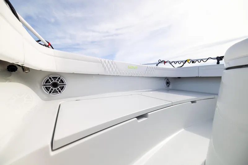  Yacht Photos Pics 2024 Costa Custom Boats 34 SV interior with sleek seating and built-in speakers.